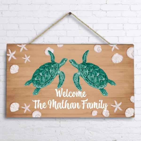 Personalized Turtle Family Door Sign - Couple/Parents With Up to 4 Baby Turtles - Gift Idea For Family - Welcome The Mathan Family