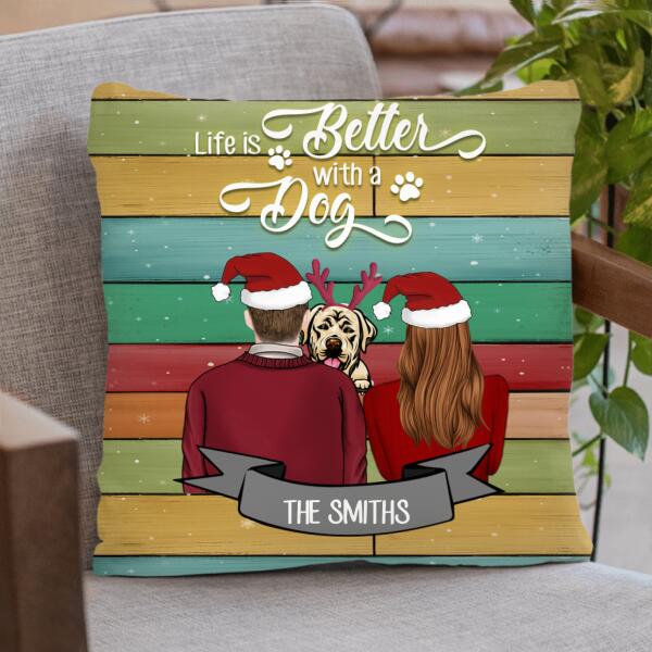 Personalized Couple Hugging Dog Pillow Cover - Couple With Up to 3 Dogs - Best Gift For Dog Lover - Life Is Better With Dogs