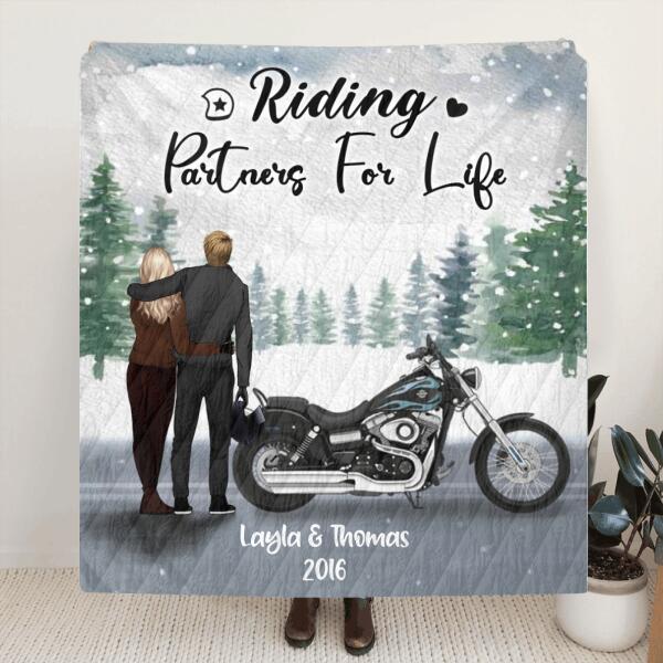 Personalized Couple And Motorcycle Quilt/Fleece Blanket & Pillow Cover - Best Gift For Couple - Riding Partners For Life