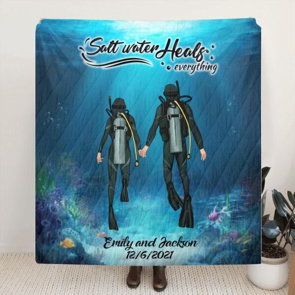 Personalized Couple Diving Quilt/Fleece Blanket - Best Gift For Couple - Salt Water Heals Everything
