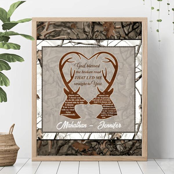 Personalized Deer Hunting Heart Poster - Gift Idea For Couple - God Blessed The Broken Road That Led Me Straight To You