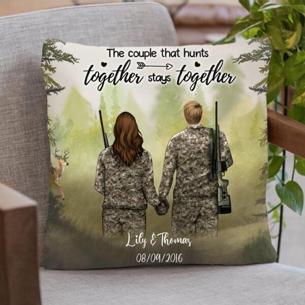 Personalized Hunting Pillow Cover Cushion Cover - Hunting Couple Holding Hands Pillow Cover - The couple that hunts together stays together