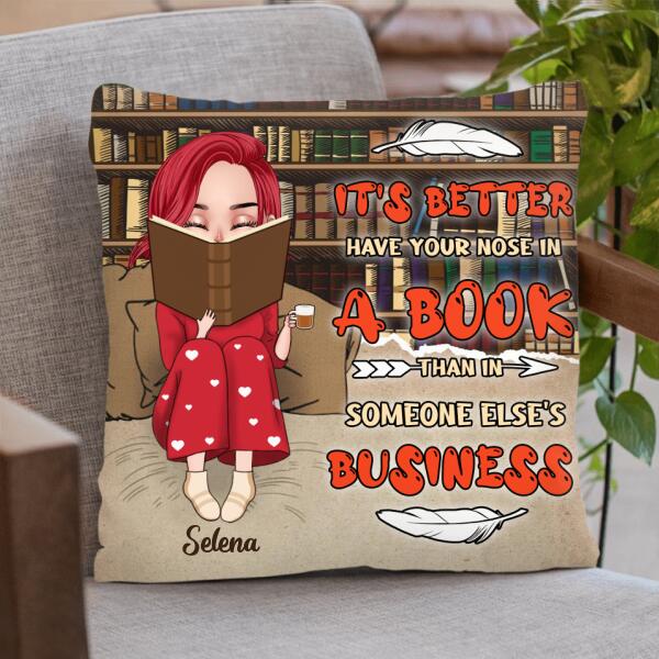 Personalized Reading Chibi Girl Pillow Cover - Gift Idea For Reading Lover - It's Better To Have Your Nose In A Book Than In Someone Else's Business