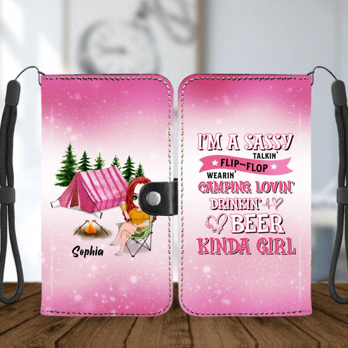 Personalized Camping Girl Flip Leather Purse For Mobile Phone - Gift Idea For Camping Lovers - I'm A Sassy Talkin' Flip - Flop Camping Lovin' Drinkin' Beer Kinda Girl