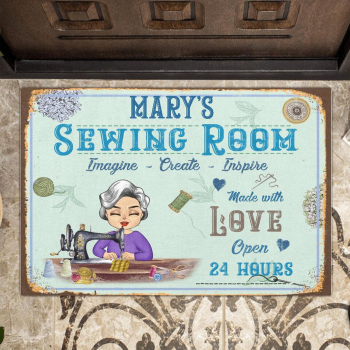 Personalized Sewing Chibi Doormat - Gift Idea For Grandma/Mother's Day - Sewing Room, Imagine, Create, Inspire, Made With Love Open 24 Hours