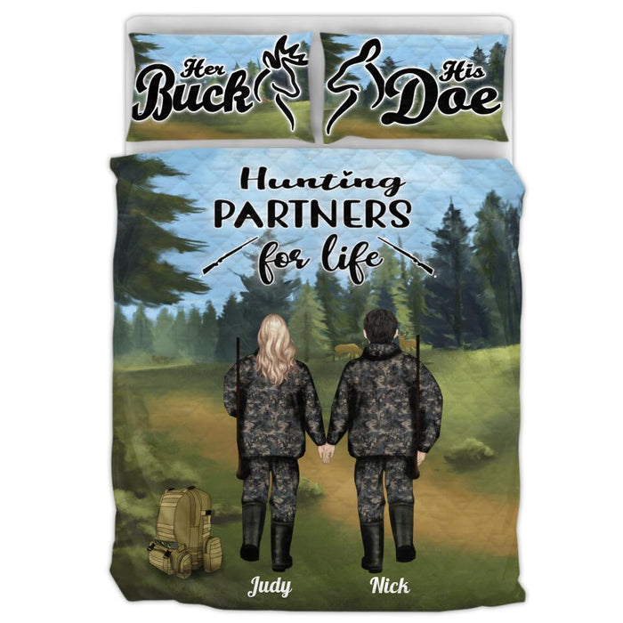 Personalized Couple Hunting Quilt Bed Sets  - Couple With Up to 2 Pets - Gift Idea For Couple/Hunting Lover - Hunting Partners for Life