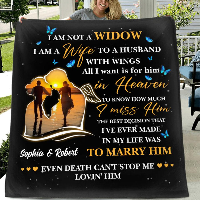Personalized Couple Quilt/Fleece Throw Blanket/Pillow Cover - Memorial Gift Idea For Couple - I Am A Wife To A Husband With Wings