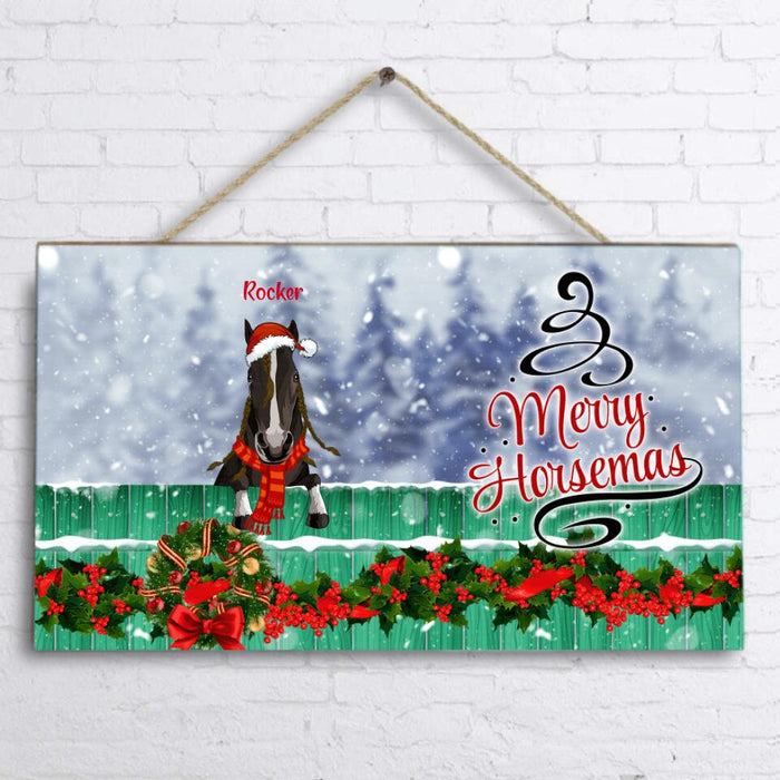 Personalized Christmas Horse Rectangle Door Sign - Gift For Horse Lovers with up to 4 Horses - Joy Love Peace Believe Christmas