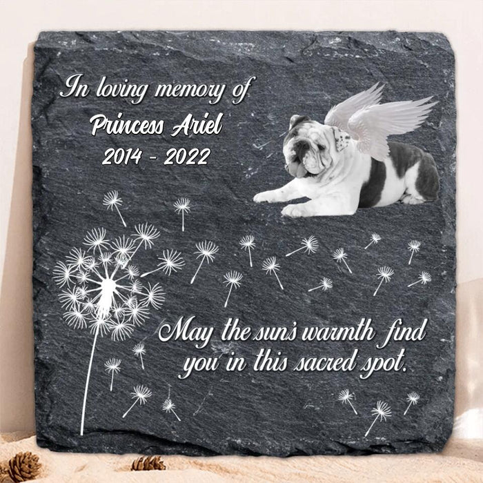 Personalized Memorial Square Lithograph - Gift Idea For Dog Owner - Upload Dog Photo - May The Sun's Warmth Find You In This Sacred Spot
