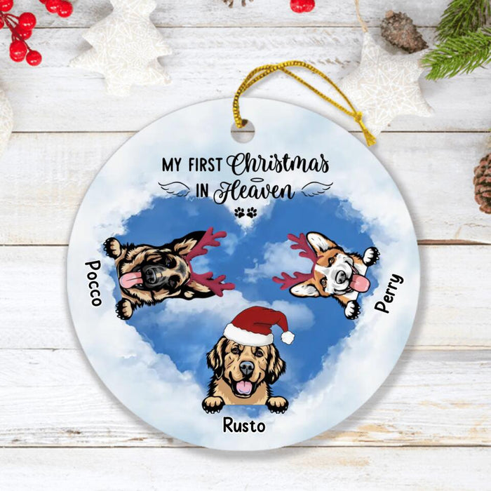 Personalized Christmas Circle Ornament - Memorial Gift Idea For Christmas/Dog Lover with up to 3 Dogs - My First Christmas In Heaven