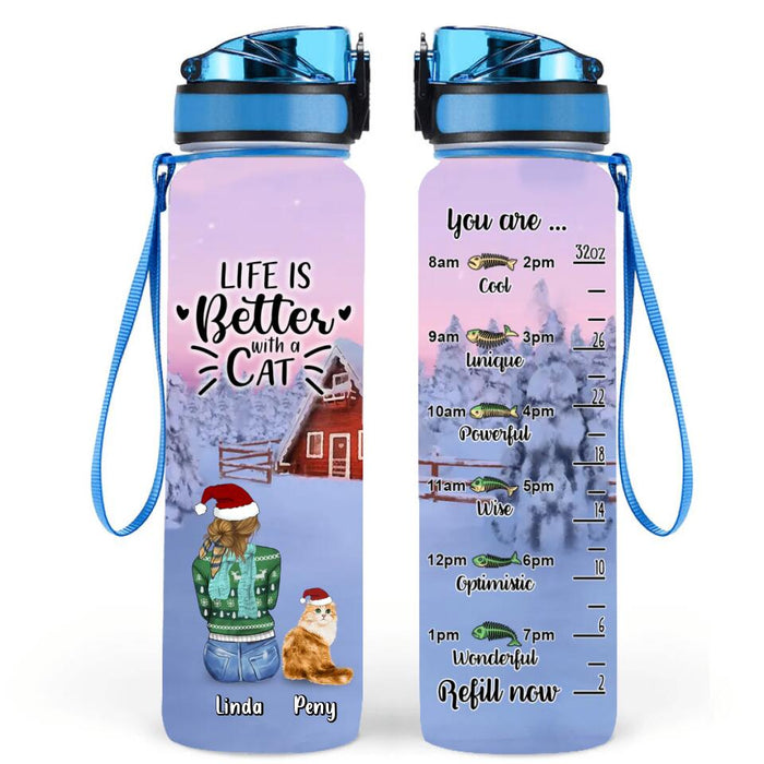 Personalized Christmas Cat Mom Water Tracker Bottle - Up to 5 Cats - Christmas Gift Idea For Cat Lover - Life Is Better With Cats