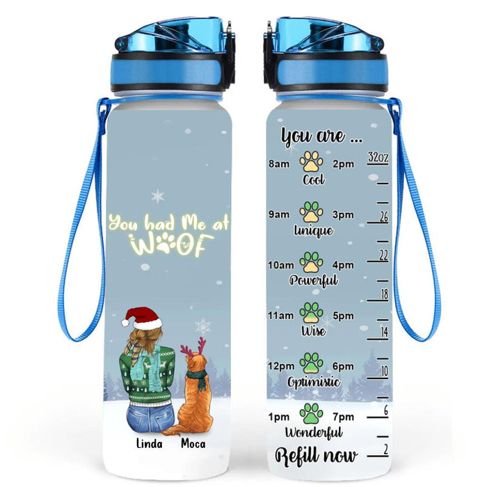 Personalized Christmas Dog Mom Water Tracker Bottle - Up to 5 Dogs - Gift Idea For Dog Lover - You Had Me At Woof
