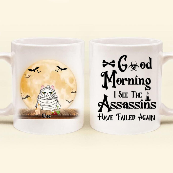 Personalized Halloween Coffee Mug - Gift Idea For Halloween/Cat Owner with up to 5 Cats - Good Morning I See The Assassins Have Failed Again