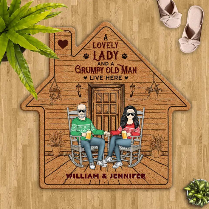 Personalized Couple House Shaped Rug - Up to 5 Dogs - Gift Idea For Couple/DogLovers - A Lovely Lady And A Grumpy Old Man Live Here