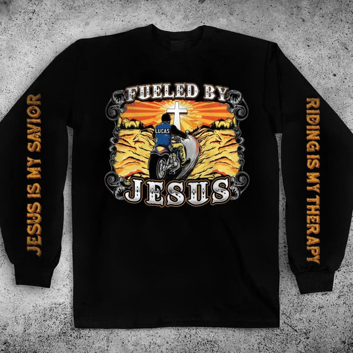 Personalized Biker Double-Sided Printed Long Sleeve T-Shirt - Gift Idea For Bikers - Fueled By Jesus