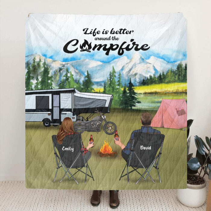 Personalized Camping Blanket - Parents with Up To 5 Kids & 4 Pets - Gift Idea For The Whole Family - Life is better around the campfire