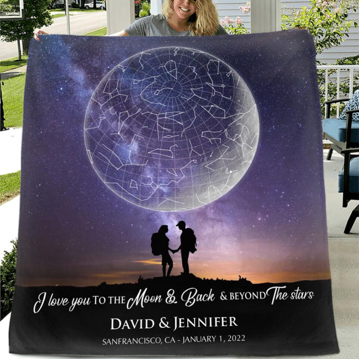 Personalized Hiking Couple Quilt/Fleece Blanket - Gift Idea For Couple - I Love You To The Moon & Back