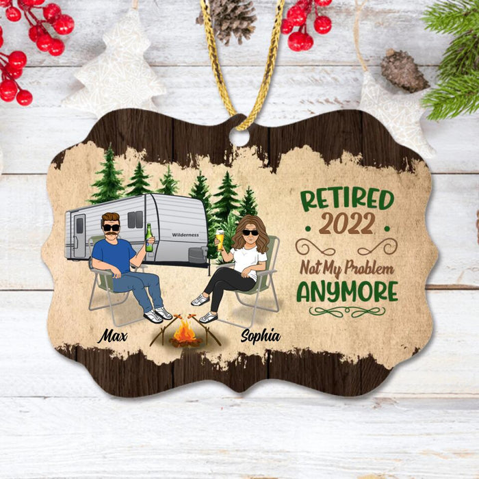 Personalized Couple Rectangle Wooden Ornament - Gift Idea For Couple/Camping Lovers - Retired 2022, Not My Problem Anymore