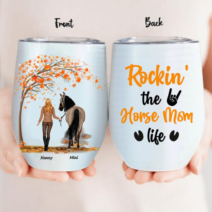 Personalized Horse Mom In Autumn Wine Tumbler - Girl With Up to 2 Horses - Best Gift For Horse Lover - Rocking The Horse Mom Life