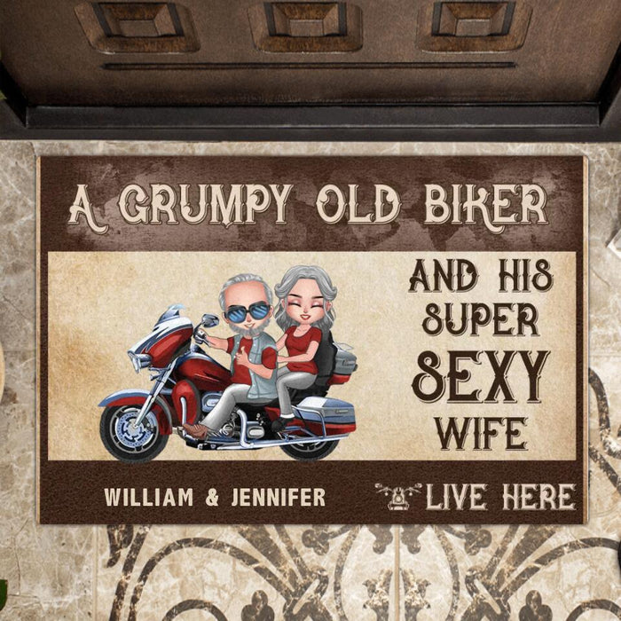 Personalized Couple Riding Doormat - Gift Idea For Couple/Biker - A Grumpy Old Biker And His Super Sexy Wife