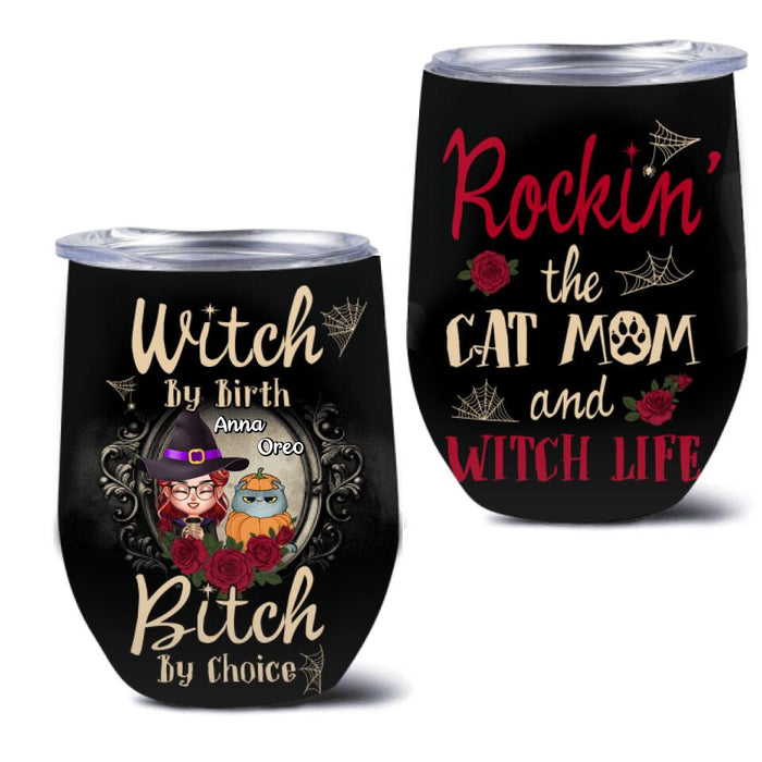 Personalized Halloween Cat Mom Wine Tumbler - Gift Idea For Halloween/Cat Lover with up to 4 Cats - Rockin' The Cat Mom and Witch Life