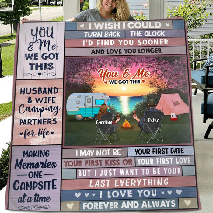 Personalized Camping Couple Fleece Throw Blanket/Quilt - Gift Idea From Couple/Camping Lover - Couple With Up to 3 Pets - You & Me We Got This