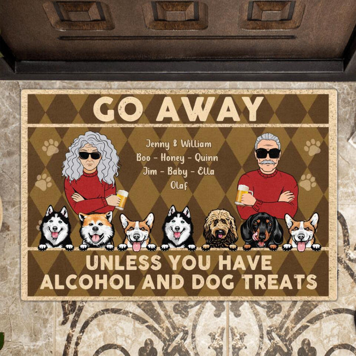 Personalized Couple Doormat - Couple With Up to 7 Dogs/Cats - Gift Idea For Couple/Dog/Cat Lovers - Go Away Unless You Have Alcohol And Dog Treats