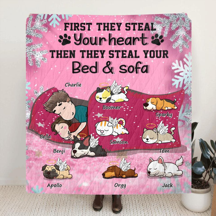 Personalized Couple With Pet Quilt/Fleece Blanket - Couple With Up to 8 Pets - Best Gift For Dog/Cat Lover - First They Steal Your Heart Then They Steal Your Bed And Sofa