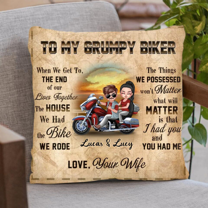 Personalized Couple Riding Pillow Cover/Fleece Throw Blanket/Quilt - Gift To Husband From Wife - To My Grumpy Biker