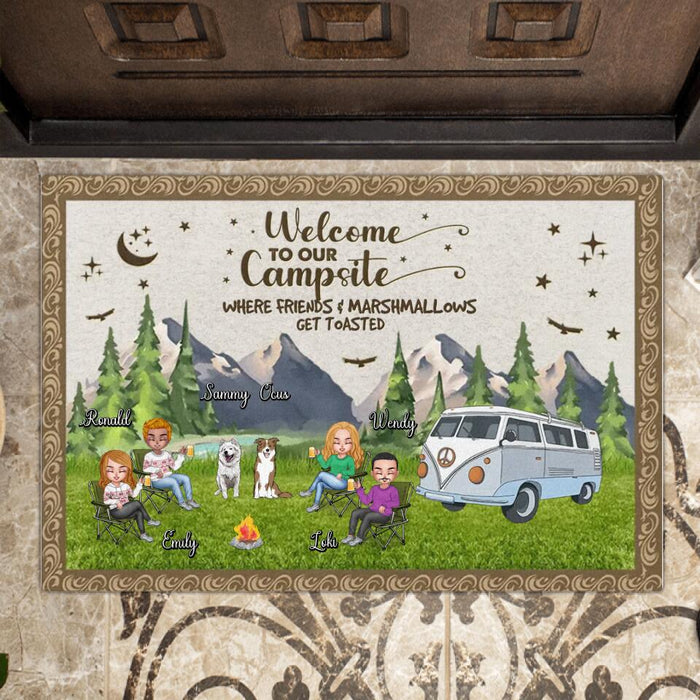 Personalized Camping Doormat - Up to 4 People and 2 Pets - Gift Idea For Couple/Camping/Dog/Cat Lovers - Welcome To Our Campsite