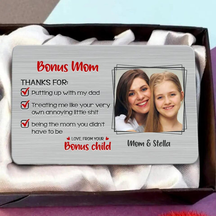 Personalized Bonus Mom Aluminum Wallet Card - Mother's Day Gift Idea From Daughter/Son To Bonus Mom - Thank You, Love From Bonus Child