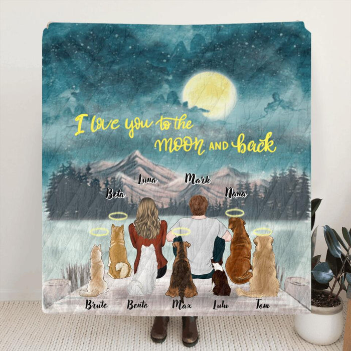 Personalized Couple Dog Quilt/Fleece Blanket - Up to 7 Dogs - Best Gift For Couple/Dog Lover - I Love You To The Moon And Back