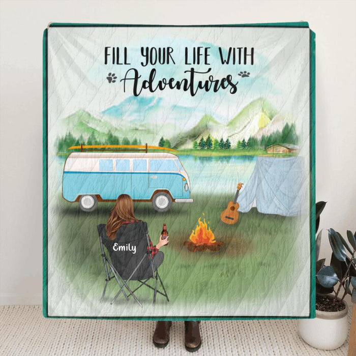 Personalized Camping Blanket - Man/Woman Up to 6 Pets & 6 Kids - Gift For Single Dad/Mom - Fill Your Life With Adventures