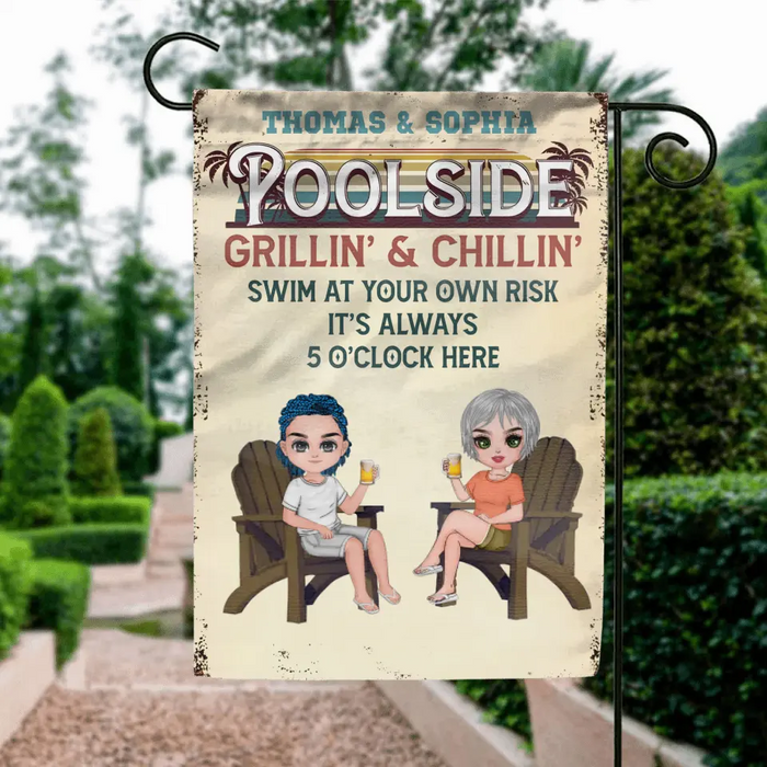Personalized Couple Flag Sign - Gift Idea for Camping Lovers/Couple - Poolside Grillin' & Chillin' Swim At Your Own Risk It's Always 5 O'Clock Here