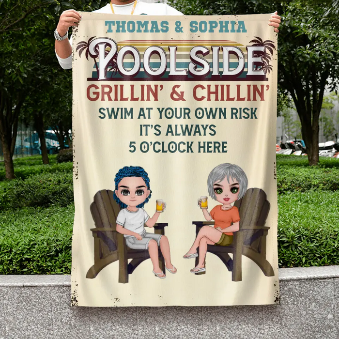 Personalized Couple Flag Sign - Gift Idea for Camping Lovers/Couple - Poolside Grillin' & Chillin' Swim At Your Own Risk It's Always 5 O'Clock Here
