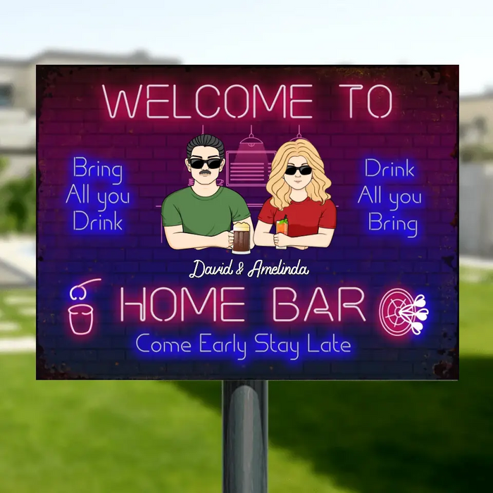 Personalized Couple Home Bar Metal Sign - Gift Idea for Couple - Welcome To Home Bar Come Early Stay Late
