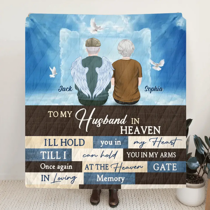 Personalized Couple Quilt/Fleece Throw Blanket - Memorial Gift Idea For Couple - To My Husband In Heaven I'll Hold You In My Heart