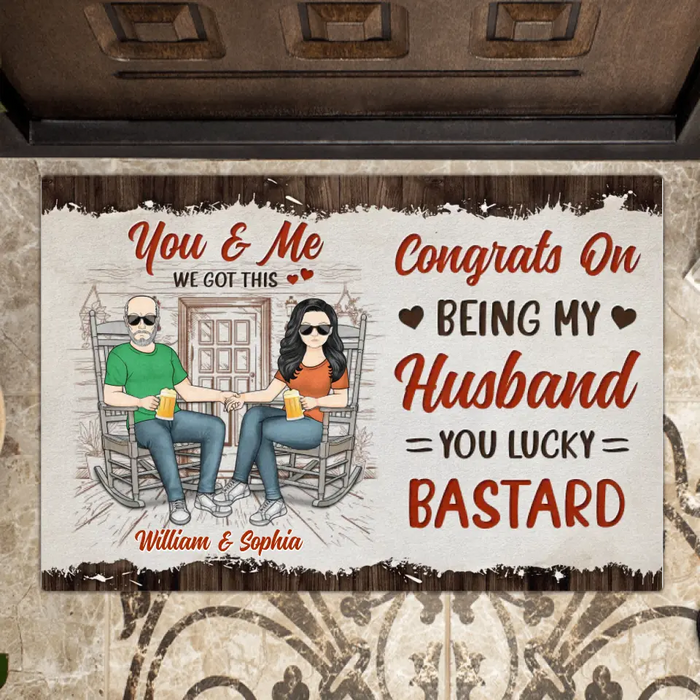 Personalized Couple Doormat - Gift Idea For Couple - Congrats On Being My Husband You Lucky Bastard