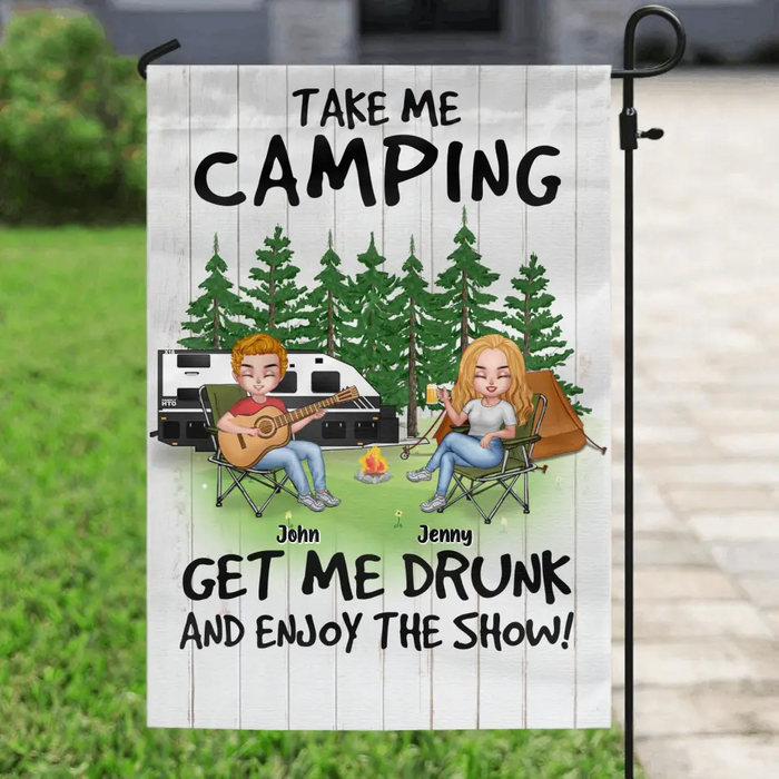 Personalized Camping With Guitar Flag - Up to 6 People - Gift Idea for Camping Lovers - Take Me Camping Get Me Drunk And Enjoy The Show