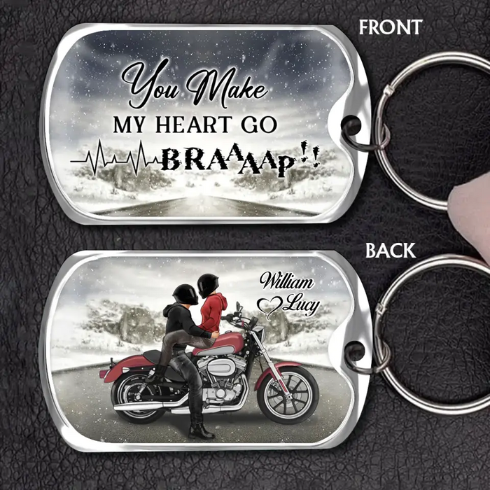 Personalized Riding Couple Aluminum Keychain - Gift Idea for Husband/Wife/Couple/Him/Her - You Make My Heart Go Braaaap!