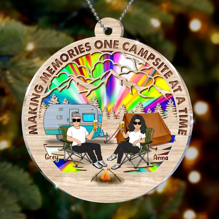 Personalized Camping Couple Suncatcher Acrylic Ornament - Gift Idea For Camping/Dog/Cat Lover - Up to 4 Pets - Making Memories One Campsite At A Time
