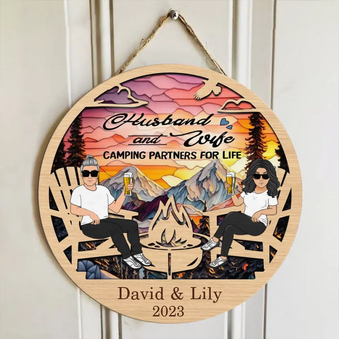 Personalized Camping Campfire Stained Glass Suncatcher Wooden Sign - Gift For Couple/Camping Lover - Husband And Wife Camping Partners For Life