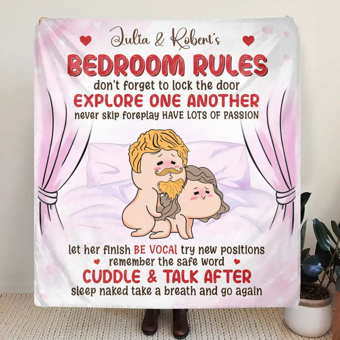 Personalized Couple Fleece Throw Blanket & Quilt - Gift Idea For Couple - Bedroom Rules Don't Forget To Lock The Door