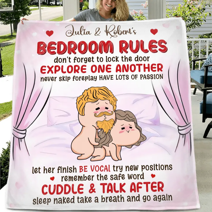 Personalized Couple Fleece Throw Blanket & Quilt - Gift Idea For Couple - Bedroom Rules Don't Forget To Lock The Door