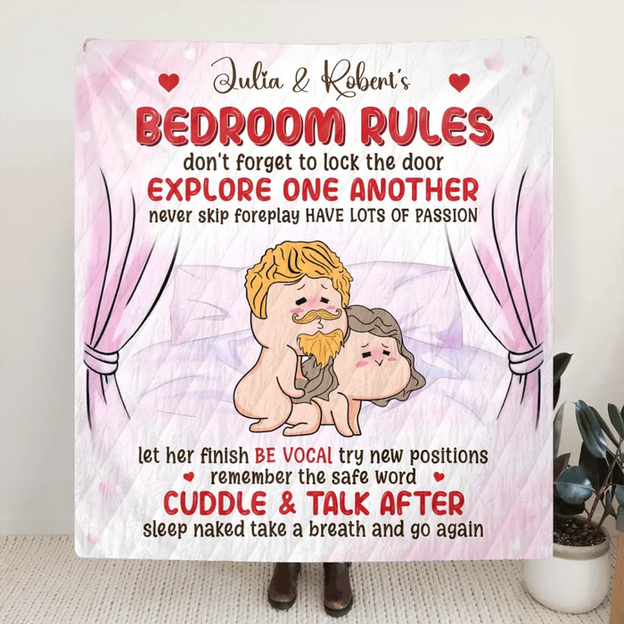 Personalized Couple Fleece Throw Blanket & Quilt - Gift Idea For Couple - Bedroom Rules Don't Forget To Lock The Door