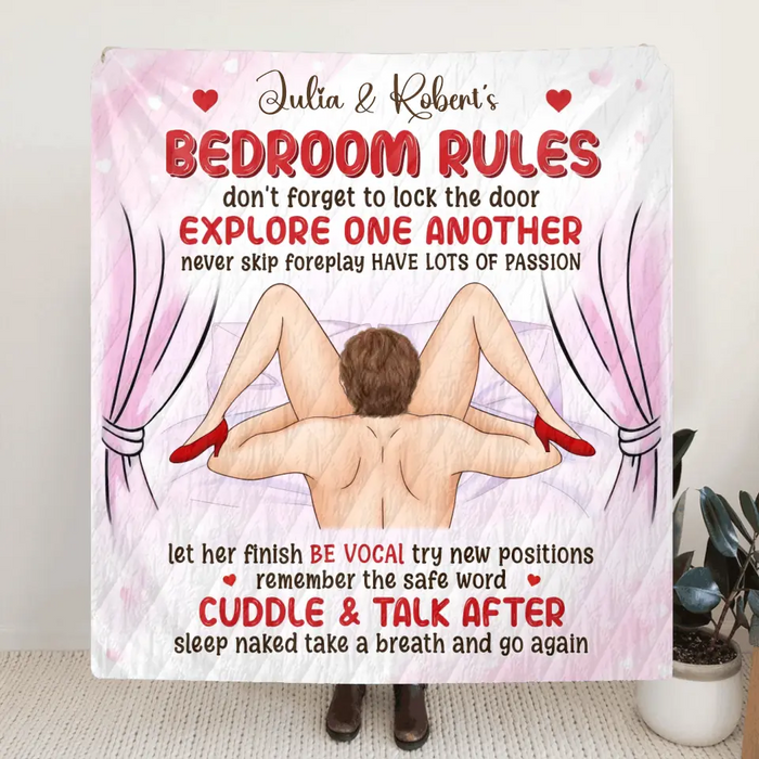 Personalized Couple Fleece Throw Blanket & Quilt - Anniversary/Wedding Gift Idea for Couple - Bedroom Rules Don't Forget To Lock The Door