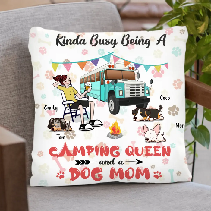 Personalized Camping Queen Pillow Cover - Up to 3 Dogs - Gift Idea For Dog Lovers - Kinda Busy Being A Camping Queen And A Dog Mom
