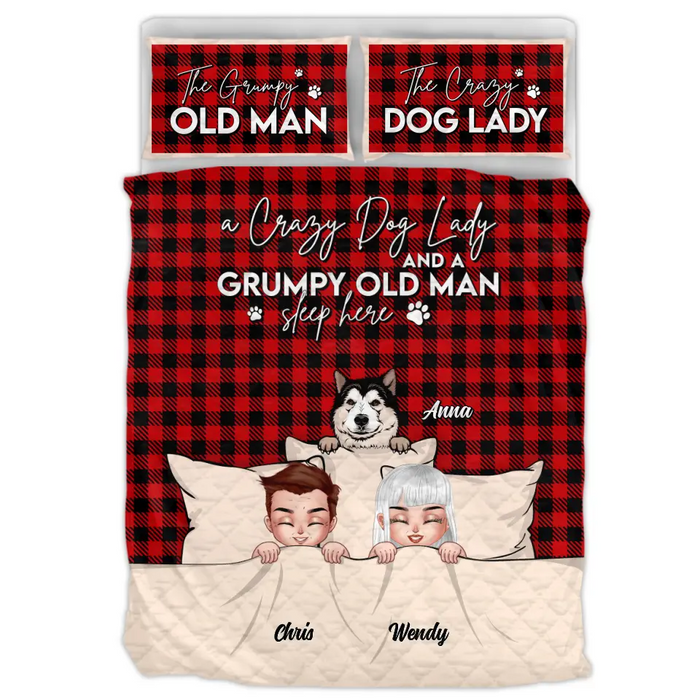 Personalized Couple Quilt Bed Sets - Up to 5 Dogs/Cats - Gift Idea For Dog/Cat Lovers/Couple - A Crazy Dog Lady And A Grumpy Old Man Sleep Here