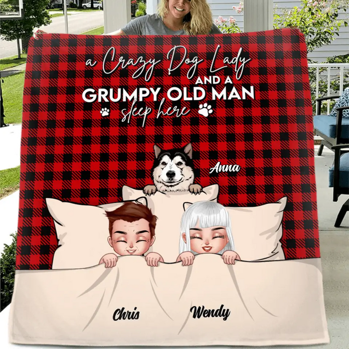 Personalized Couple Fleece Throw Blanket/Quilt - Up to 5 Dogs - Gift Idea For Dog Lovers/Couple - A Crazy Dog Lady And A Grumpy Old Man Sleep Here
