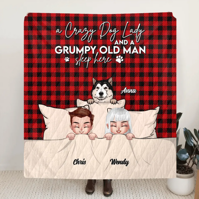 Personalized Couple Fleece Throw Blanket/Quilt - Up to 5 Dogs - Gift Idea For Dog Lovers/Couple - A Crazy Dog Lady And A Grumpy Old Man Sleep Here